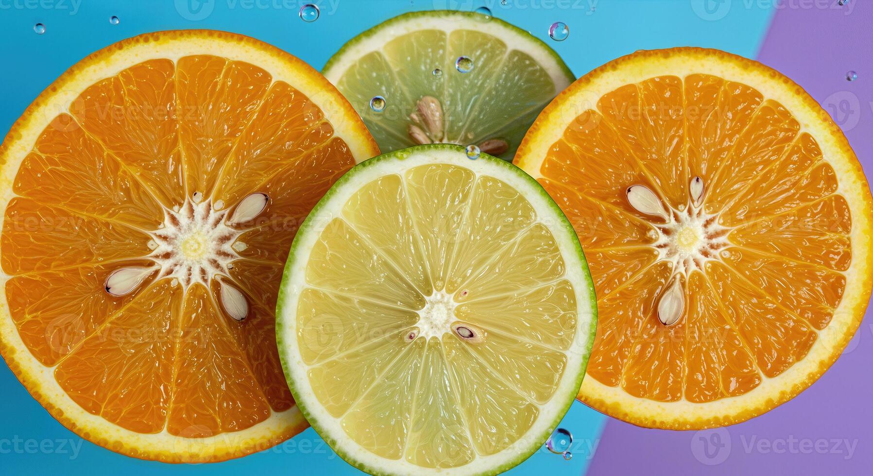 Orange and Lemon Halves with Dripping Juice on a Colorful Canvas photo