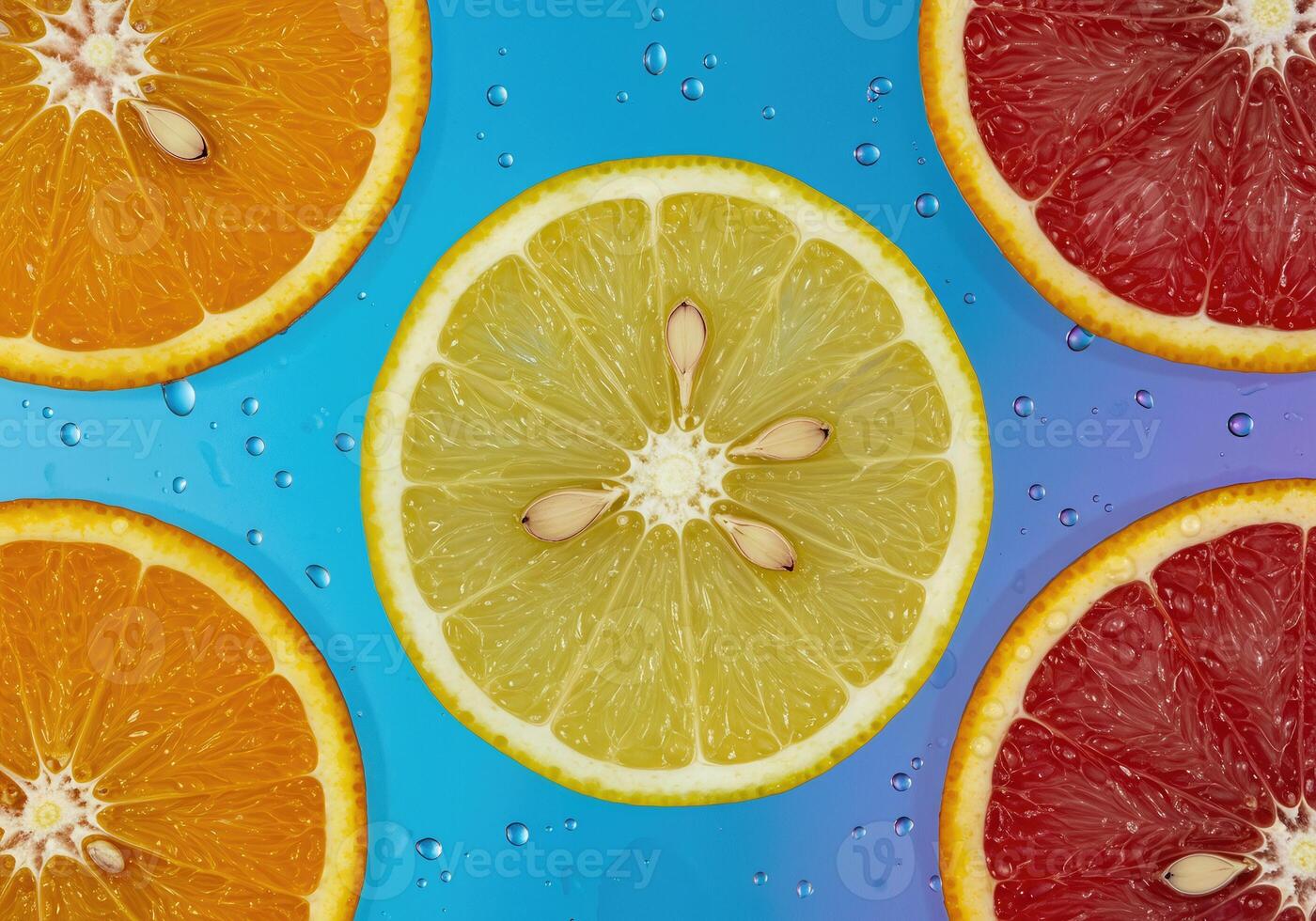 Sliced Citrus Fruit Showing Seeds and Juice Against a Colorful Setting photo