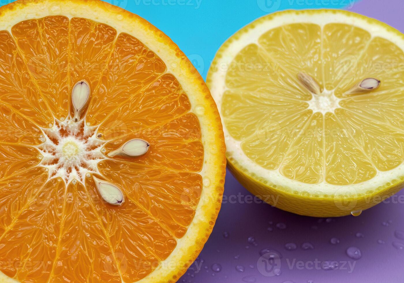 Artful Composition of Orange and Lemon Slices with Seeds and Juice photo