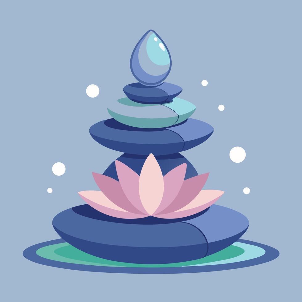 Serene illustration of balanced spa stones with lotus flower and water droplet on a light blue background vector