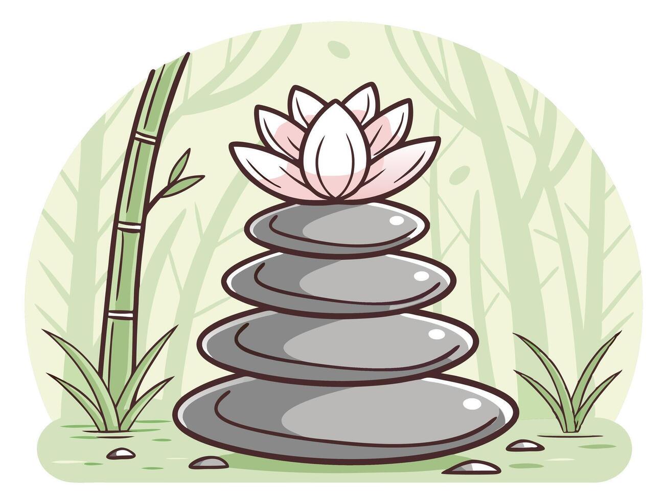 Relaxing illustration of stacked zen stones with a lotus flower and bamboo for well-being vector