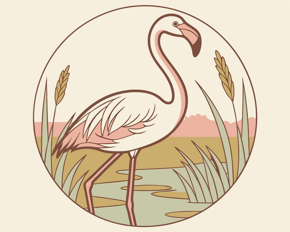 Elegant illustration of a flamingo in a wetland environment within a circular frame design vector