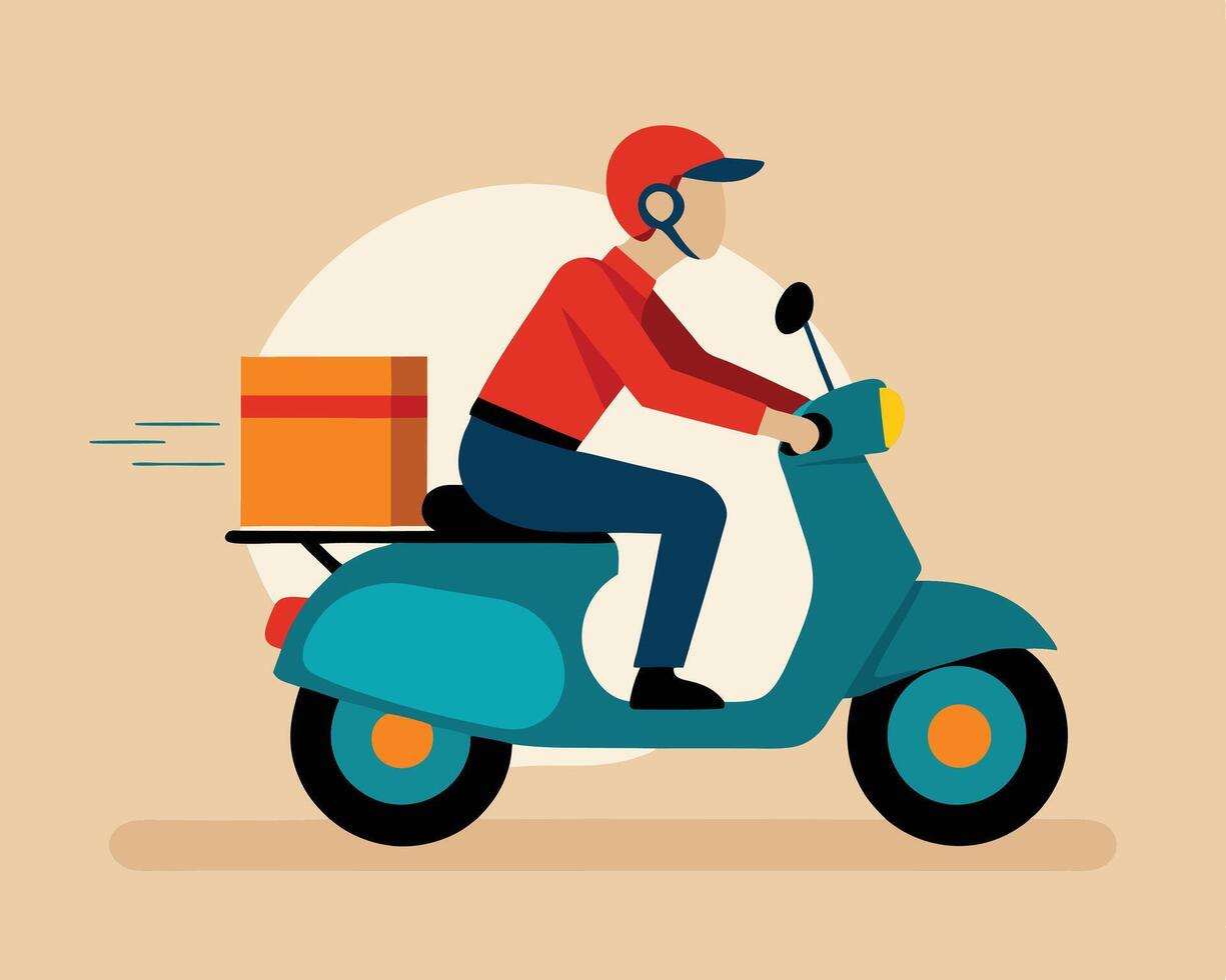 Delivery person rides scooter with package depicting fast food and online shopping concept vector