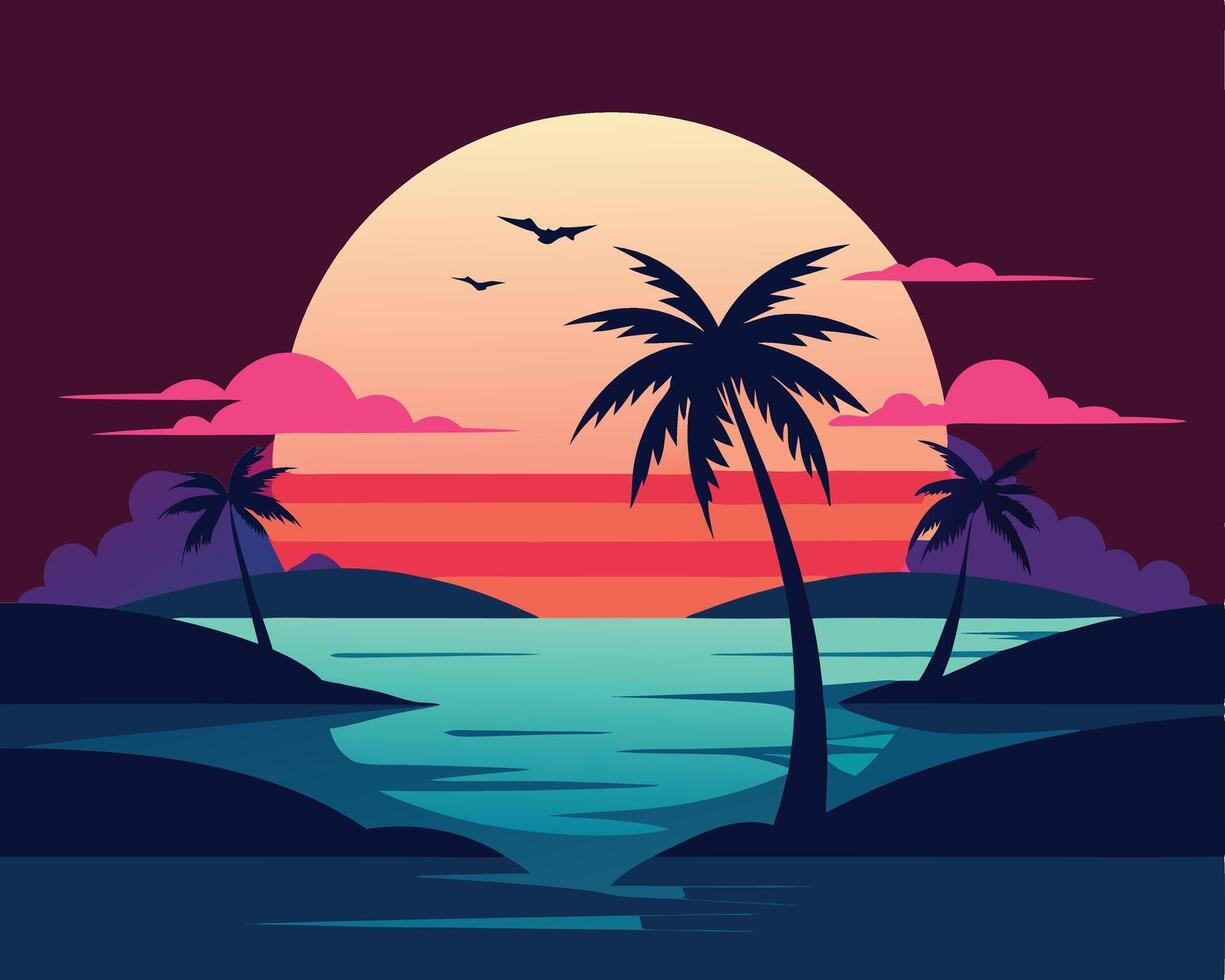 Retro sunset beach scene with palm trees, birds, and abstract tropical landscape design vector
