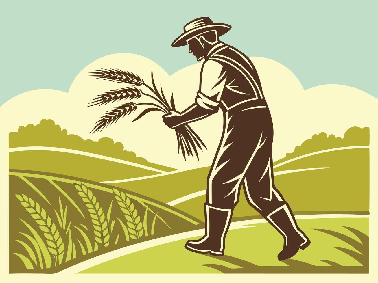 Vintage illustration of a farmer harvesting wheat in a rural landscape setting vector