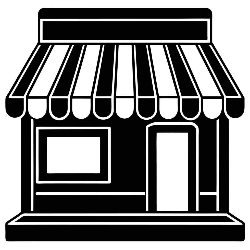 Black and white simplified illustration of a storefront building with awning and window vector