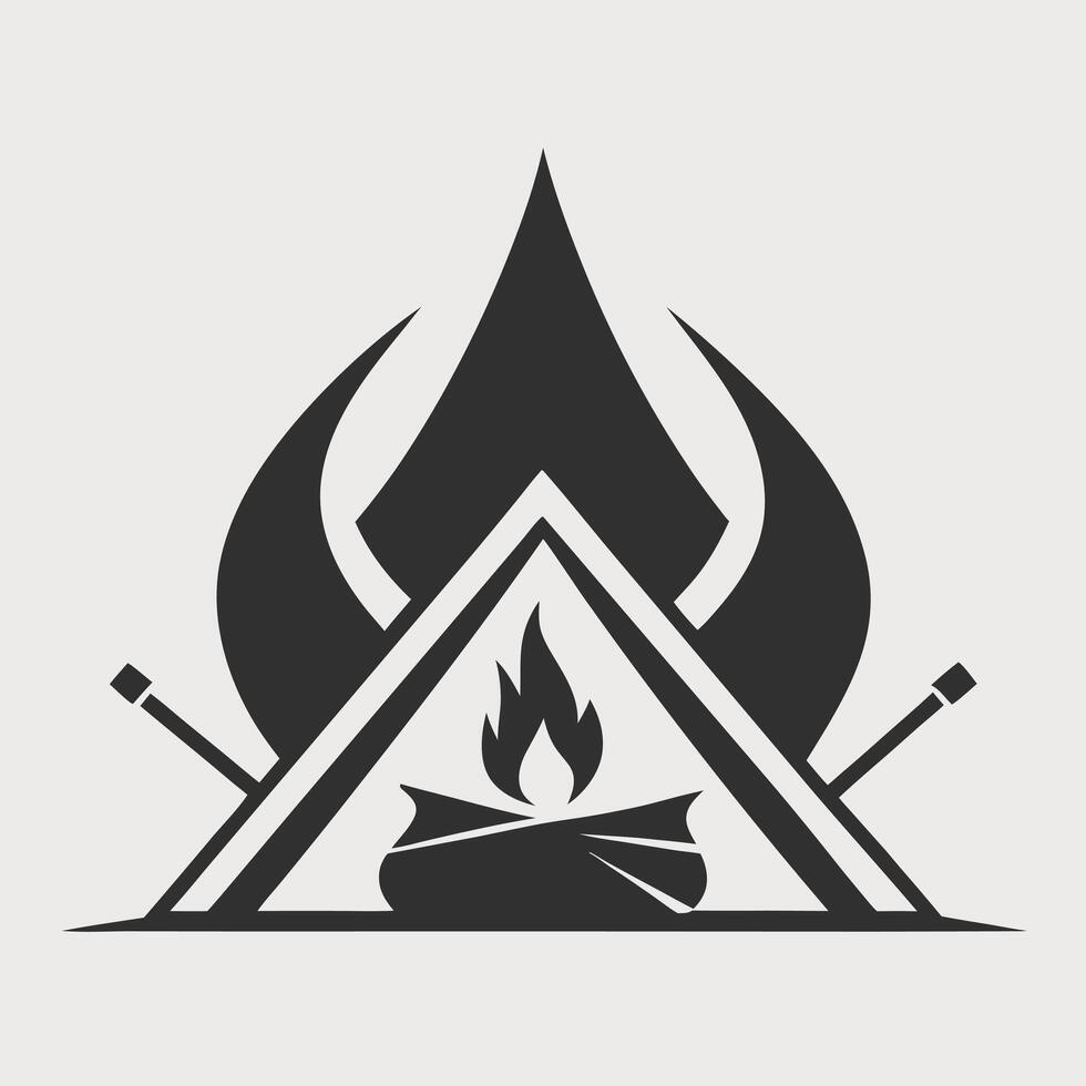 Minimalist camping logo design featuring bonfire and crossed matches for outdoors adventure vector