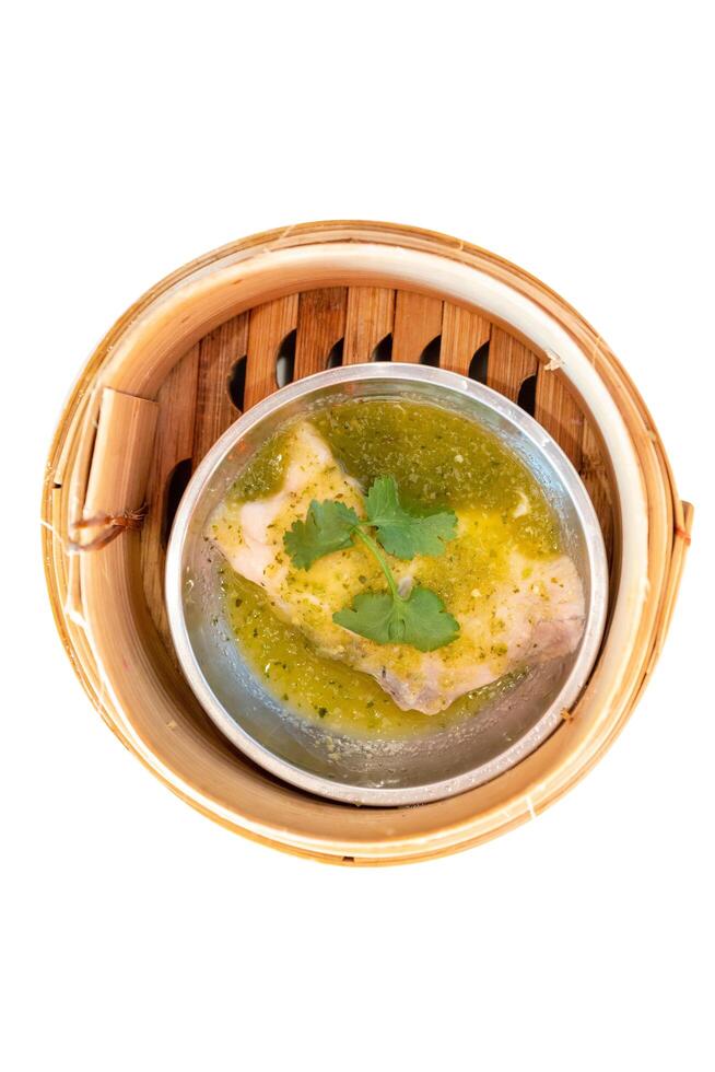 Top view of Dimsum with Steamed Seabass with Lime, focus selective photo