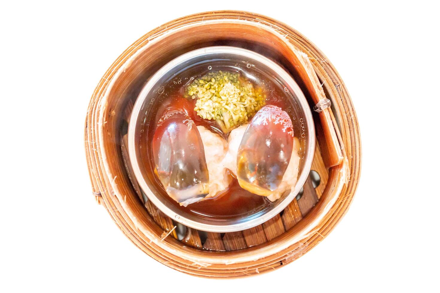 Top view of dimsum Topping with Red Salted Eggs, focus selective photo