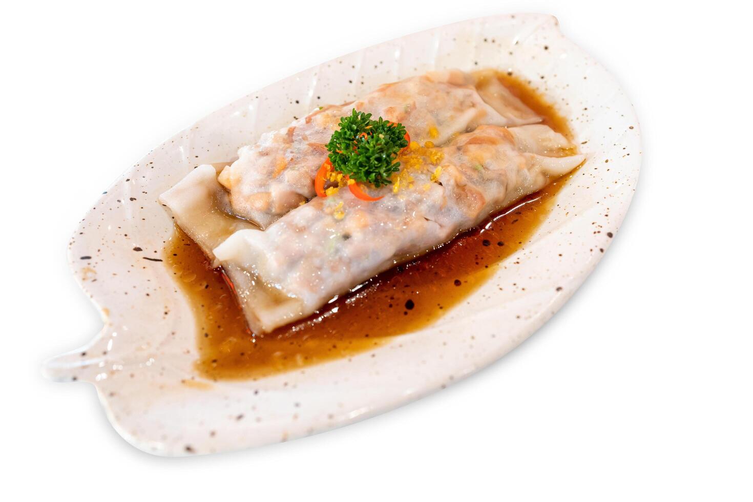 Top view of Cha siew pork wrapped noodle, focus selective photo