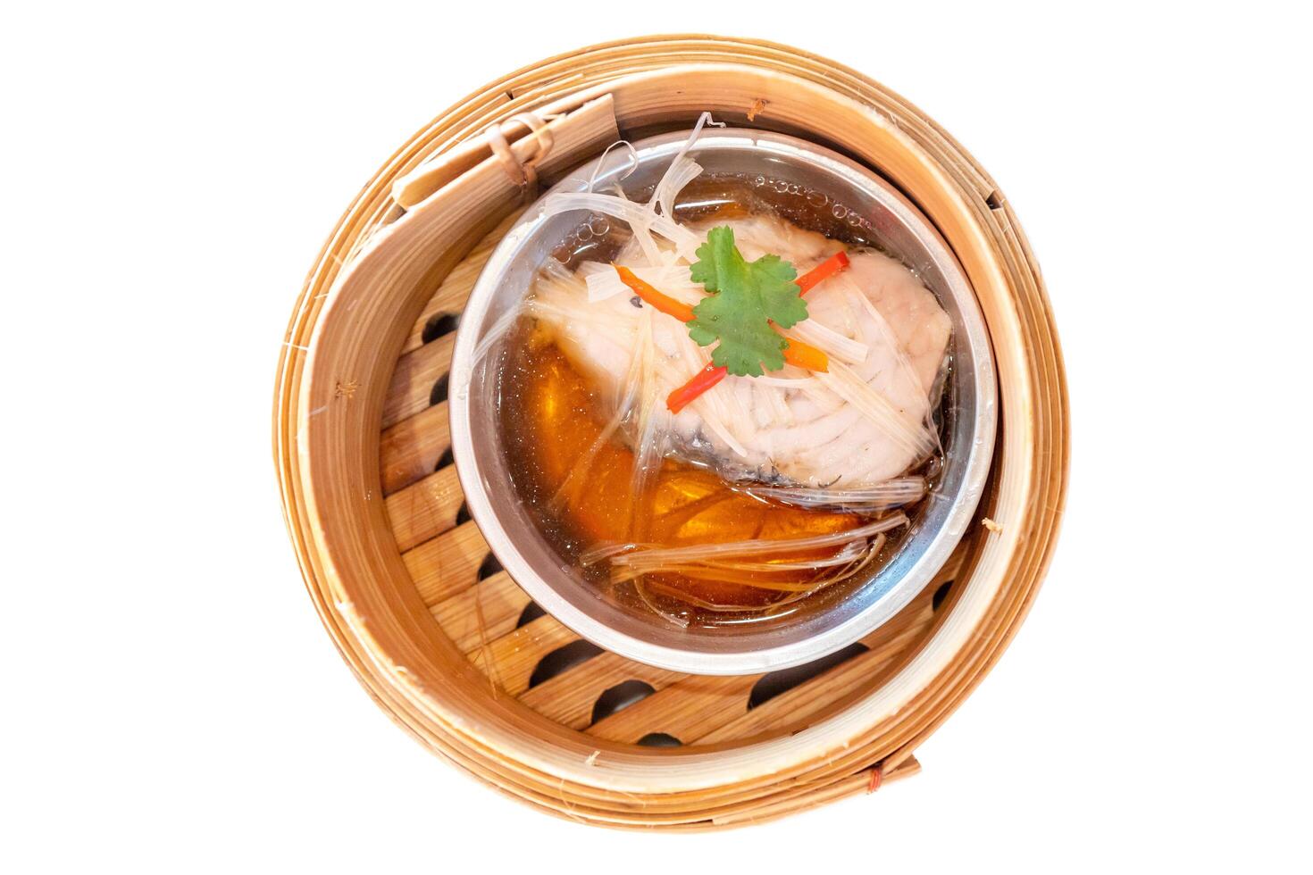 Top view of dimsum Snapper steamed with soy sauce, focus selective photo