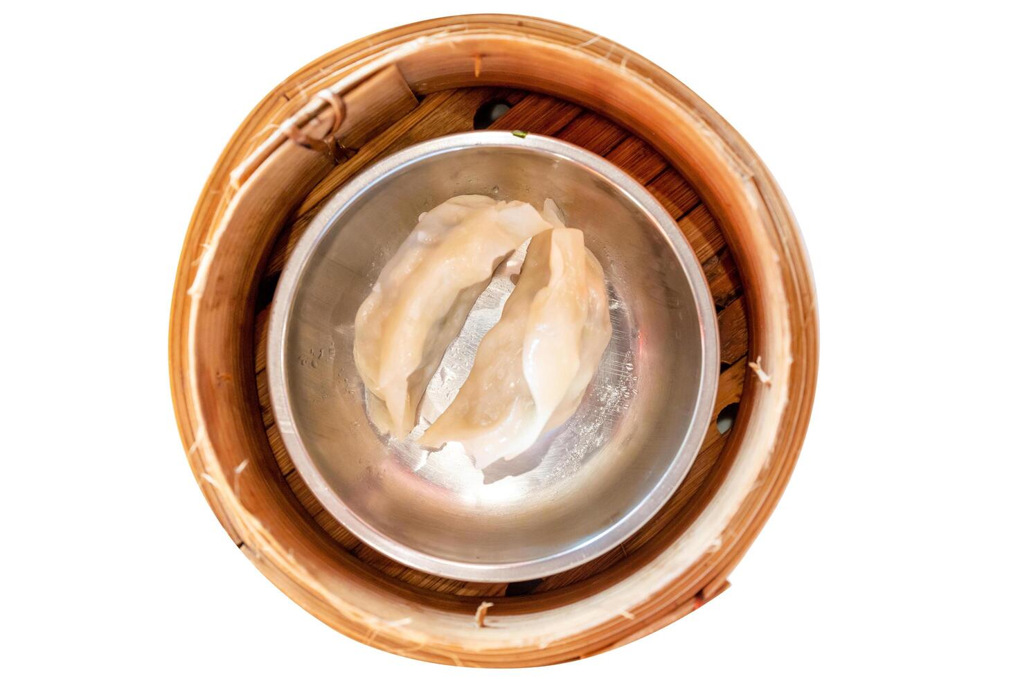 Top view of dimsum with gyoza and dipping sauce, focus selective photo