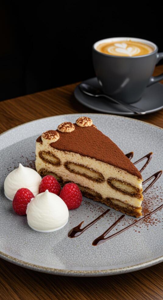 Delicious Tiramisu Dessert Slice with Coffee on Wooden Table photo