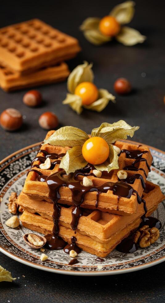 Delicious Belgian Waffles drizzled with chocolate, topped with hazelnuts and physalis. A sweet treat for breakfast or dessert. photo