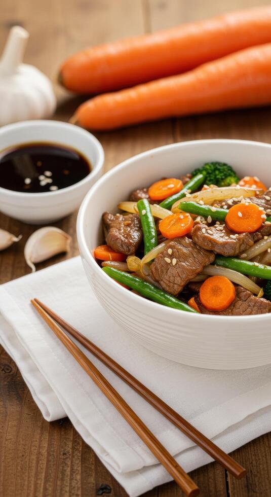 Delicious Beef Stir Fry with Carrots Green Beans and Broccoli in a Bowl photo