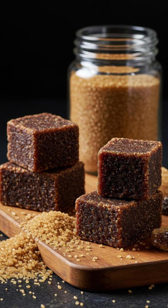 Delicious brown sugar cubes on wooden board near a glass jar of granulated sugar. Sweet treat photography. photo