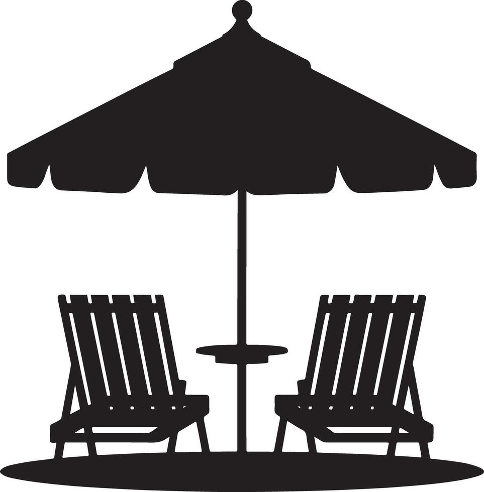 Silhouette of two adirondack chairs under a beach umbrella with small table. vector