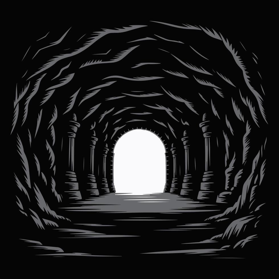Dark cave tunnel with stone columns and light at the end. vector