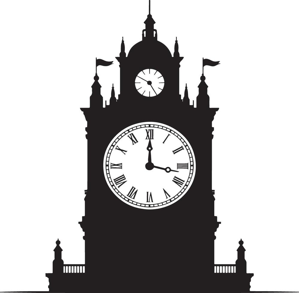 Silhouette of an ornate clock tower building. vector