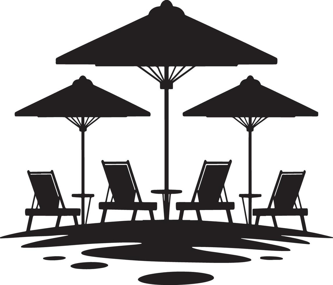 Beach relaxation scene with three umbrellas and four lounge chairs. vector