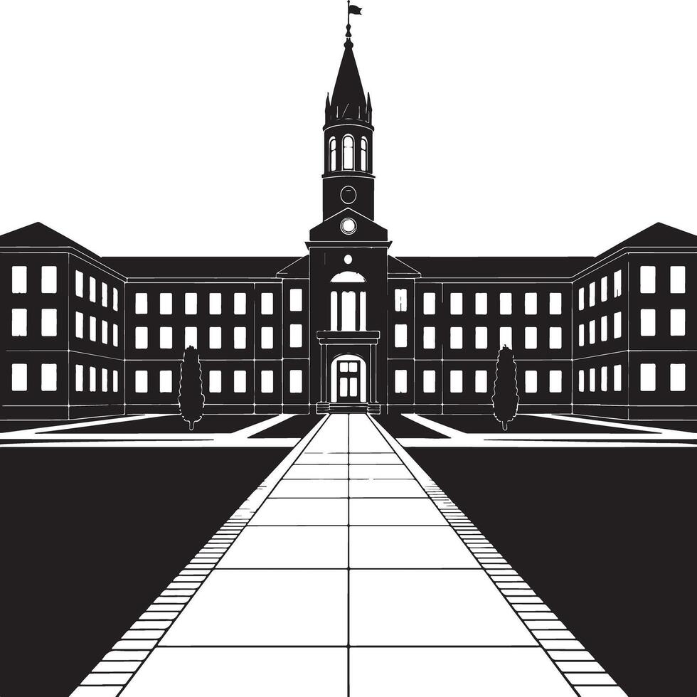 Black and white silhouette of a classic university building. vector