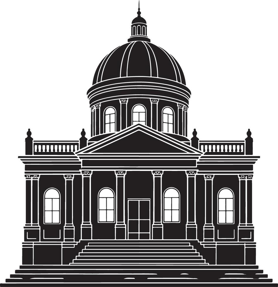 Black and white silhouette of a classical building with dome. vector