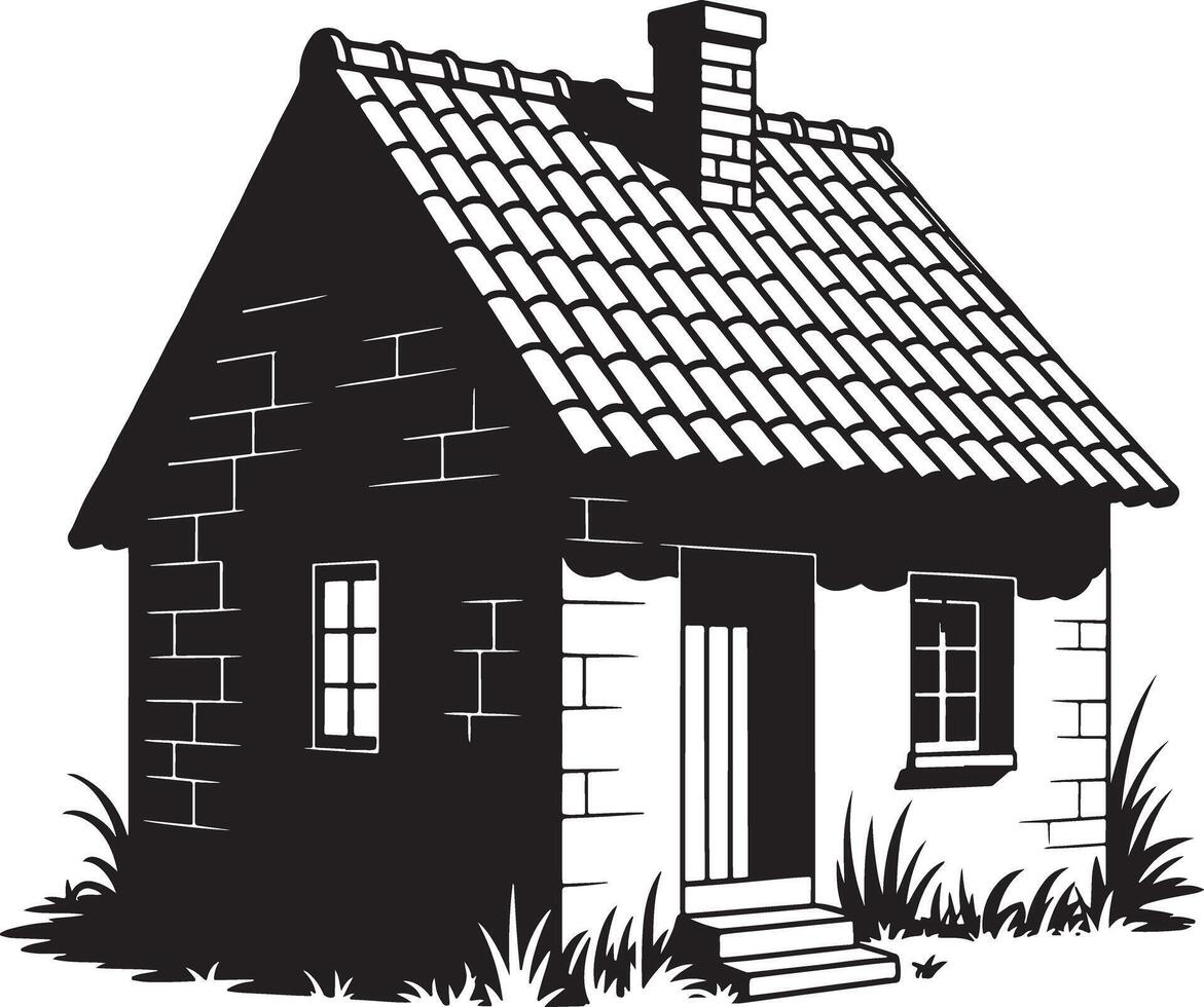 Black and white illustration of a small brick house with a tile roof. vector