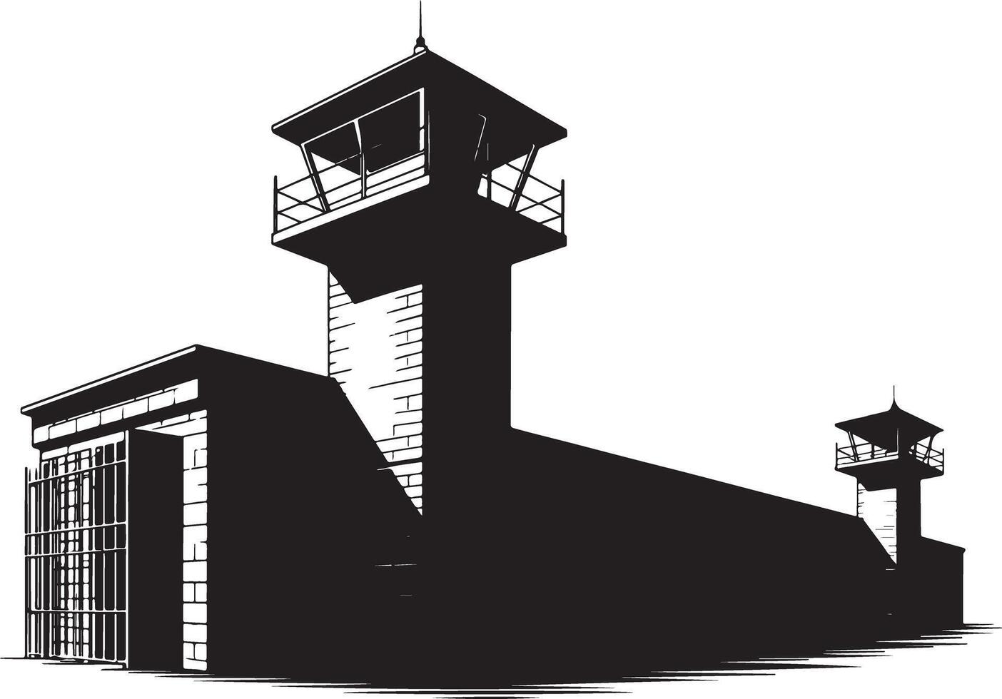 Prison Building Illustration Black and White, Watchtowers, Security. vector