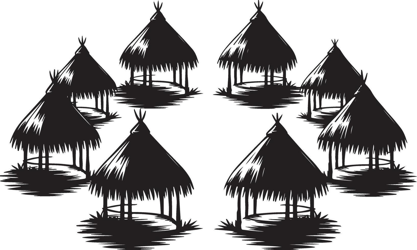 Seven thatched huts in a circular pattern. vector