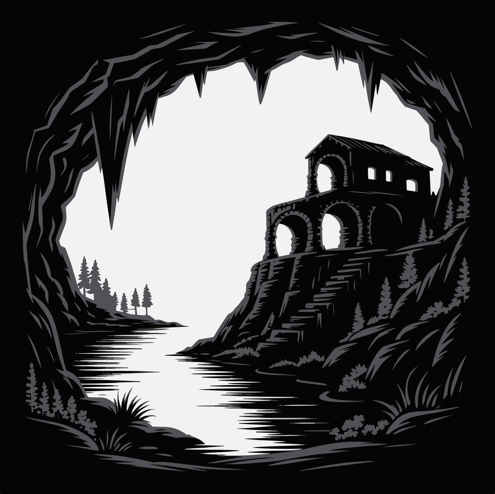 Mysterious cave view of ancient stone building by river. vector