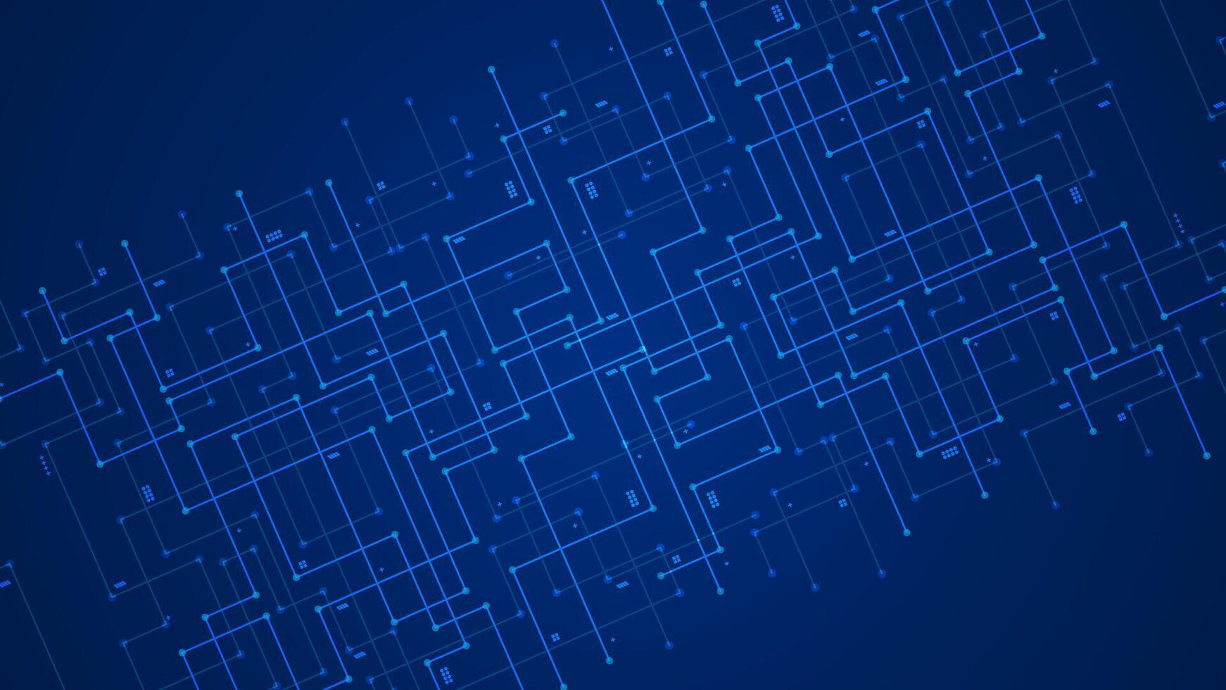 modern tech circuit lines with connecting dots and paths wires in rotated view in blue background banner template vector