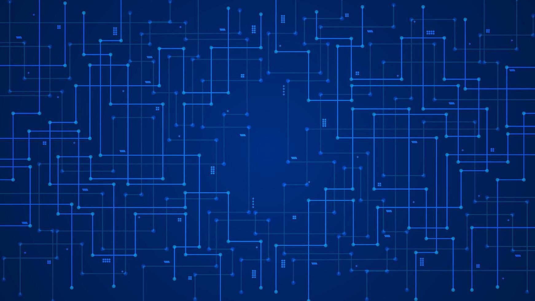 circuit board lines with dots and elements connecting, data transferring, modern technology background banner template in blue and light blue vector