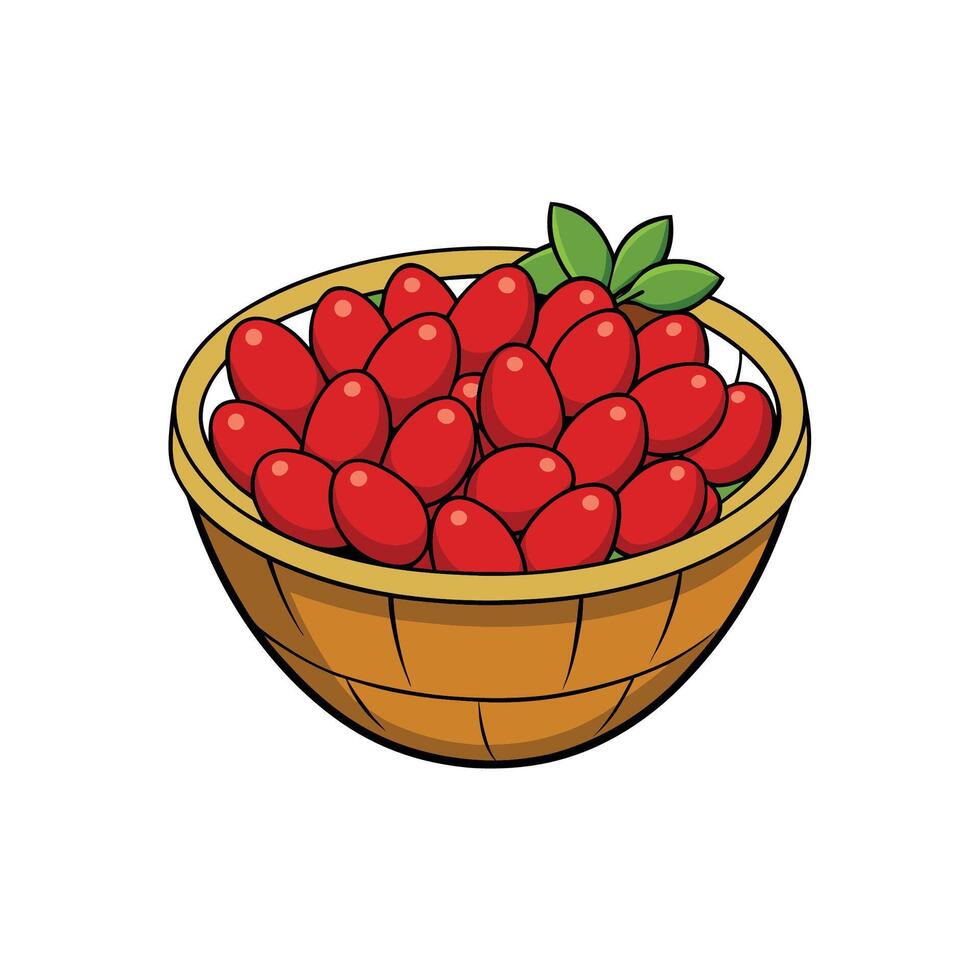 Basket full of red berries with green leaf accents vector