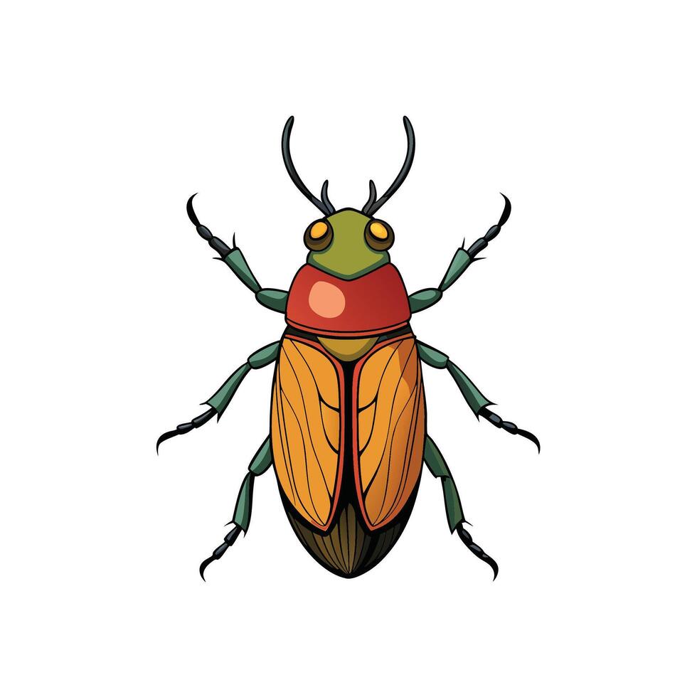 A symmetrical cartoon beetle illustration using bright colors and bold black outlines. vector