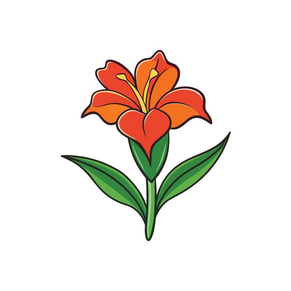 Stylized flower with orange petals, yellow stamen, and green leaves. Flat, decorative style. vector