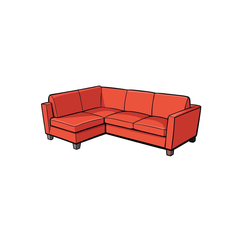 Cartoon style corner sofa featuring red upholstery on white vector