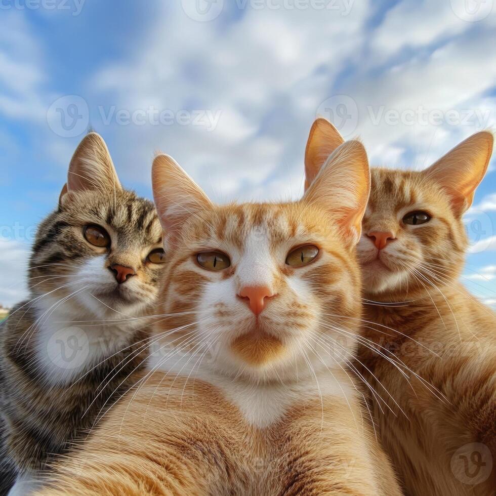 Happy cats take a close-up selfie against a clear blue sky on a bright sunny day photo