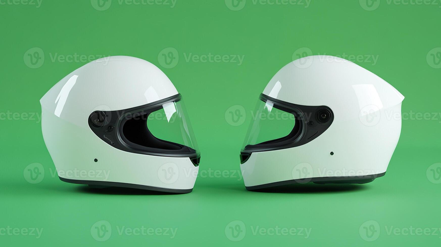 A clean white mock-up of a motorcycle helmet on both sides, presented on a bright green background, demonstrates its elegant design and transparent visor. photo