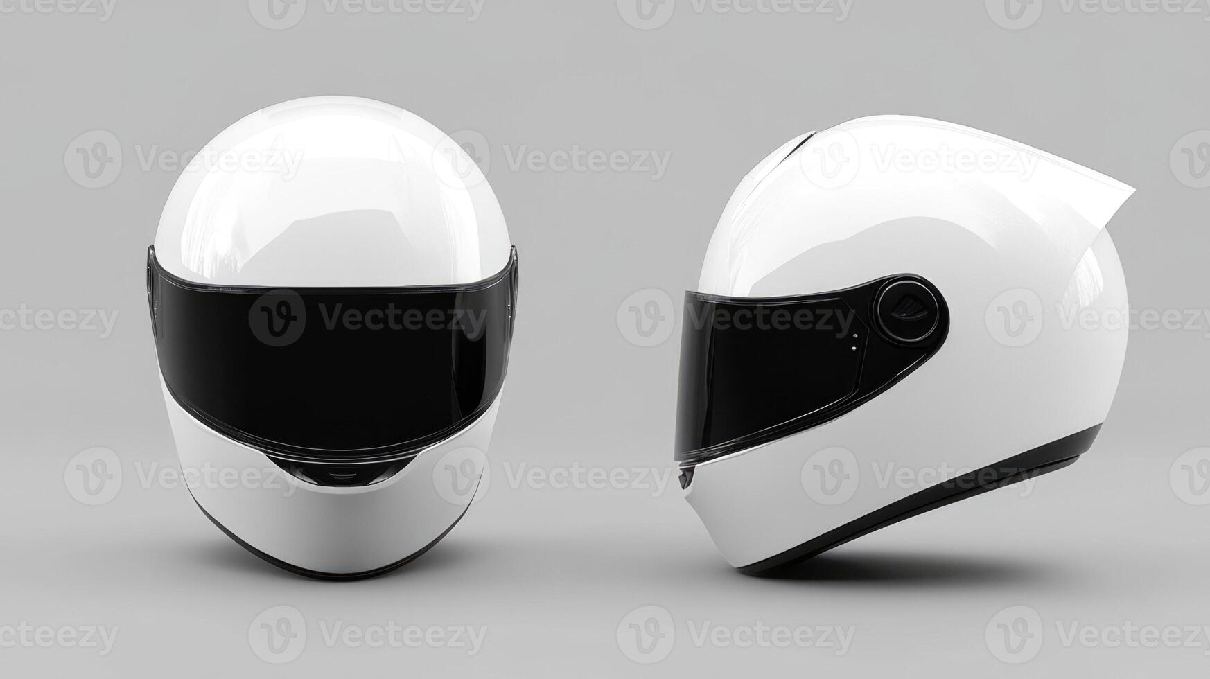 Pure white mock-up motorcycle helmet, front and side view, showcasing modern design and safety features for riders in urban environments photo