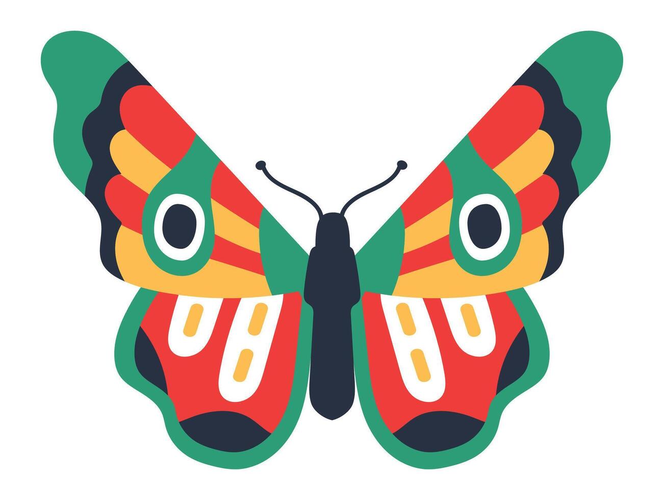 Brightly colored butterfly with spread wings reveals a stunning pattern of red, yellow, and green, enhancing the beauty of nature and showcasing vibrant wildlife in its habitat vector
