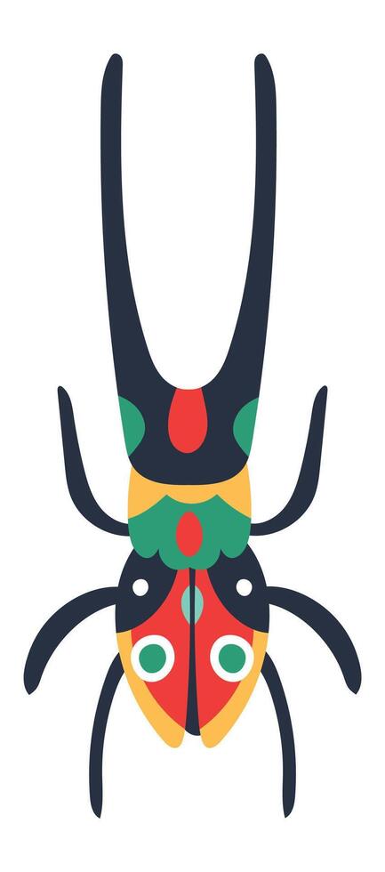 Brightly colored bug with long antennae, vibrant hues of red, green, yellow, and black, creating a striking visual contrast against white backdrop vector