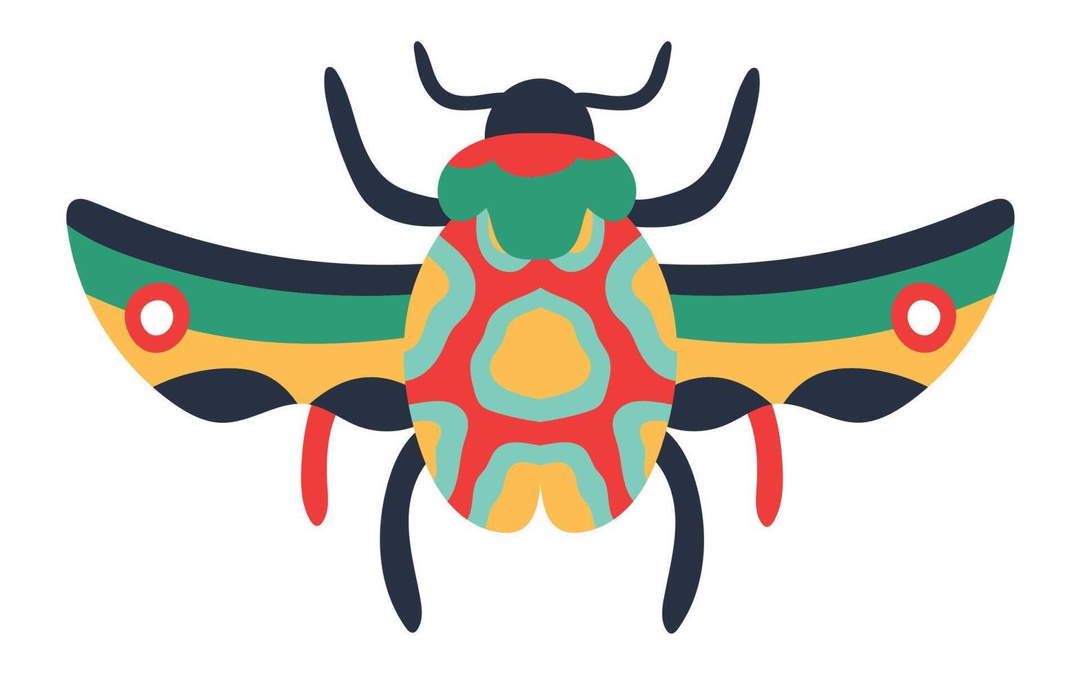 Brightly colored scarab beetle illustration with open wings, showcasing a vibrant and stylized design with red, green, yellow, and blue patterns, perfect for nature inspired projects vector