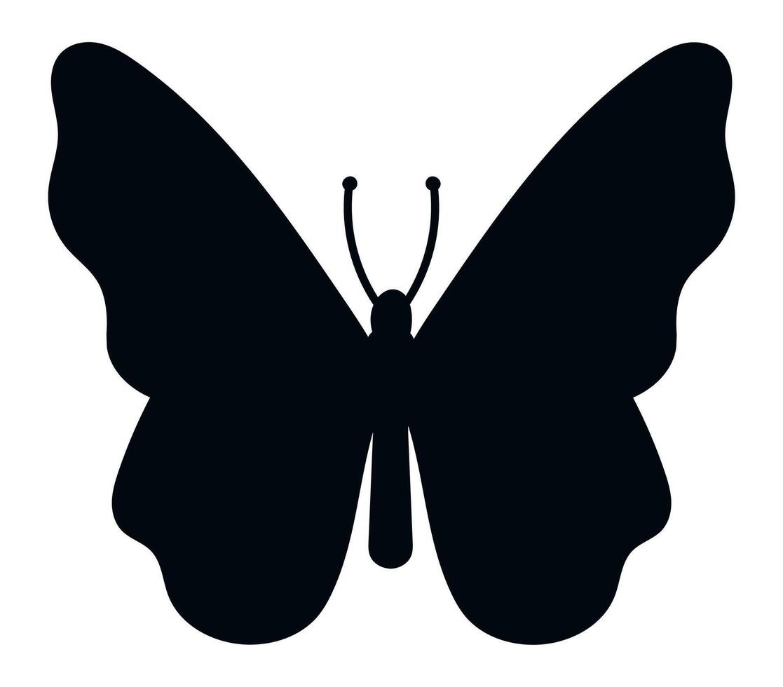 Simple black and white butterfly silhouette with spread wings showing antennae and body, isolated on white background, representing nature, beauty, and transformation vector