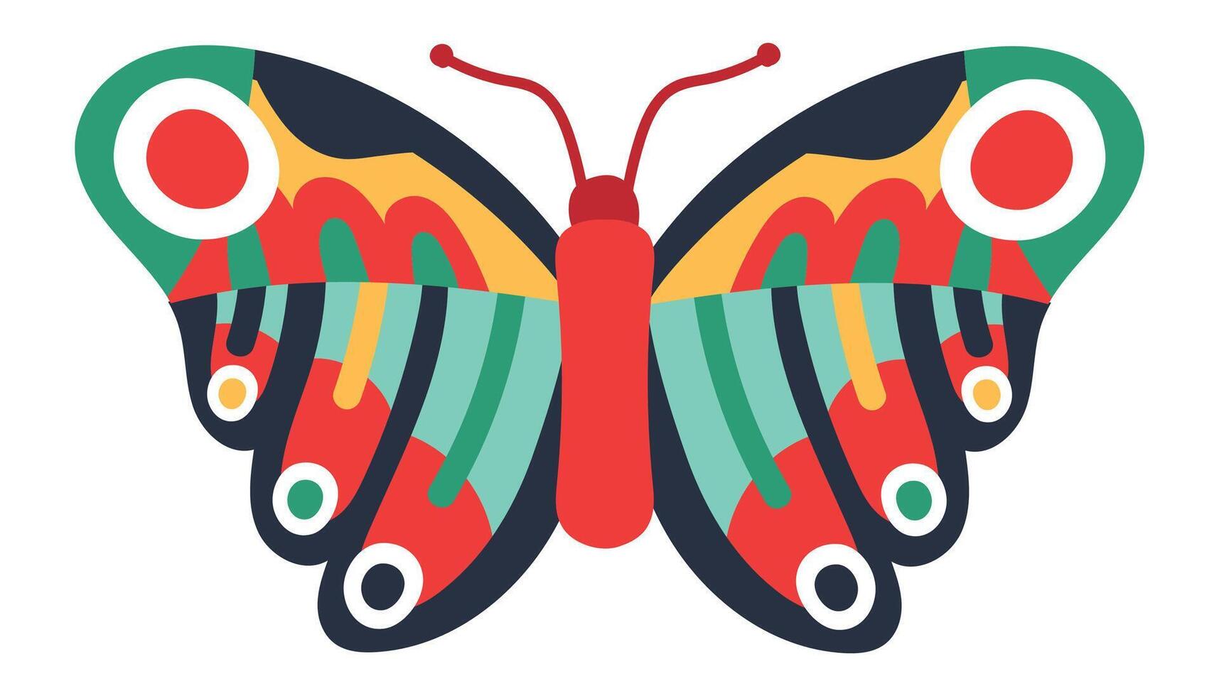 Colorful butterfly with open wings showing geometric patterns including circles and stripes, featuring red, green, yellow, and dark blue colors, creating a vibrant and eye catching design vector
