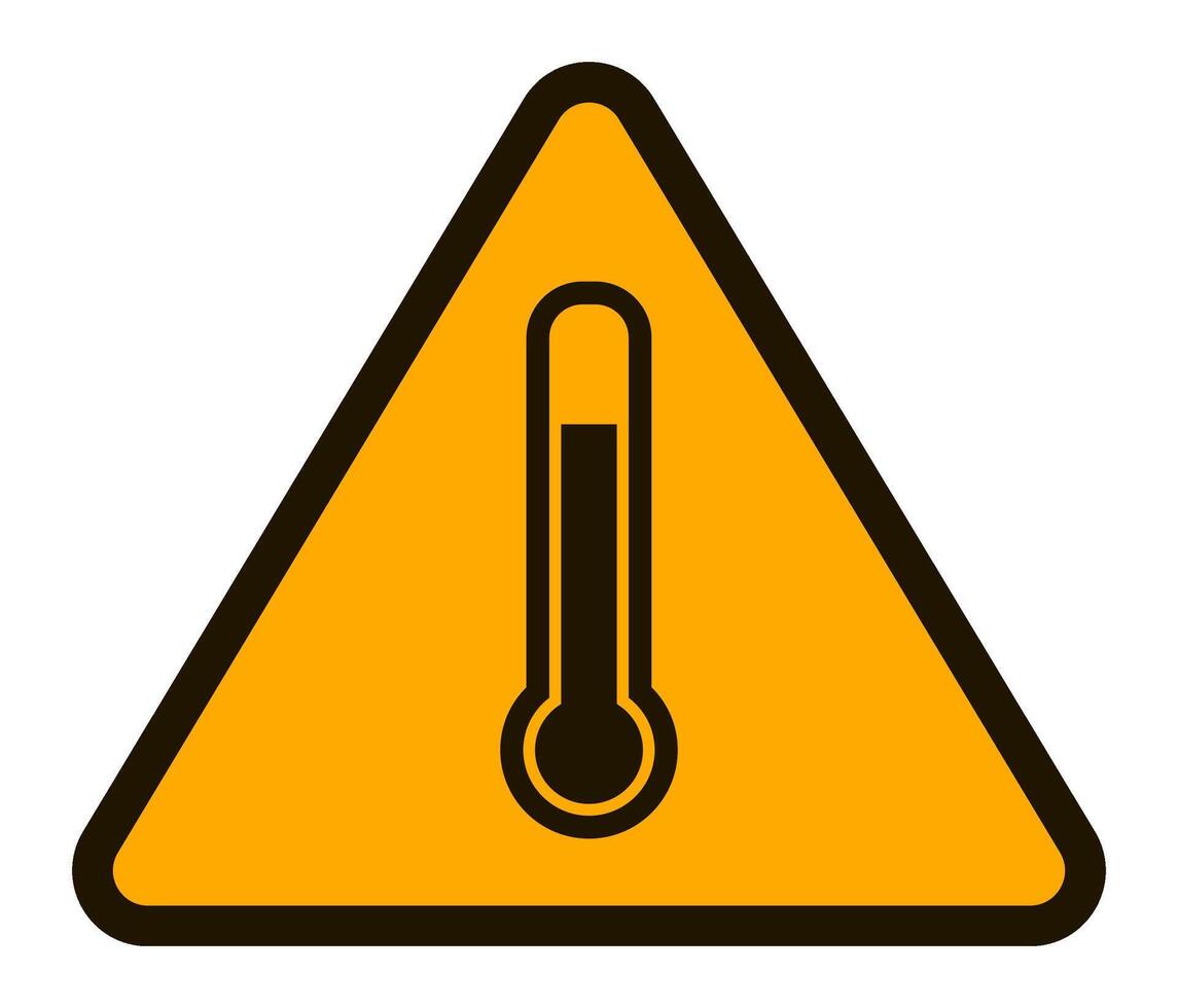 Triangular warning sign featuring a thermometer indicating high temperature, symbolizing extreme heat, fever, or potential danger due to elevated temperatures vector