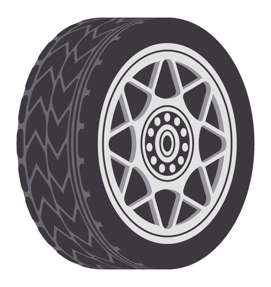 Close up view highlighting a tire with an alloy rim, showcasing intricate tread patterns and offering a detailed perspective of the wheel tire combination in automotive design vector