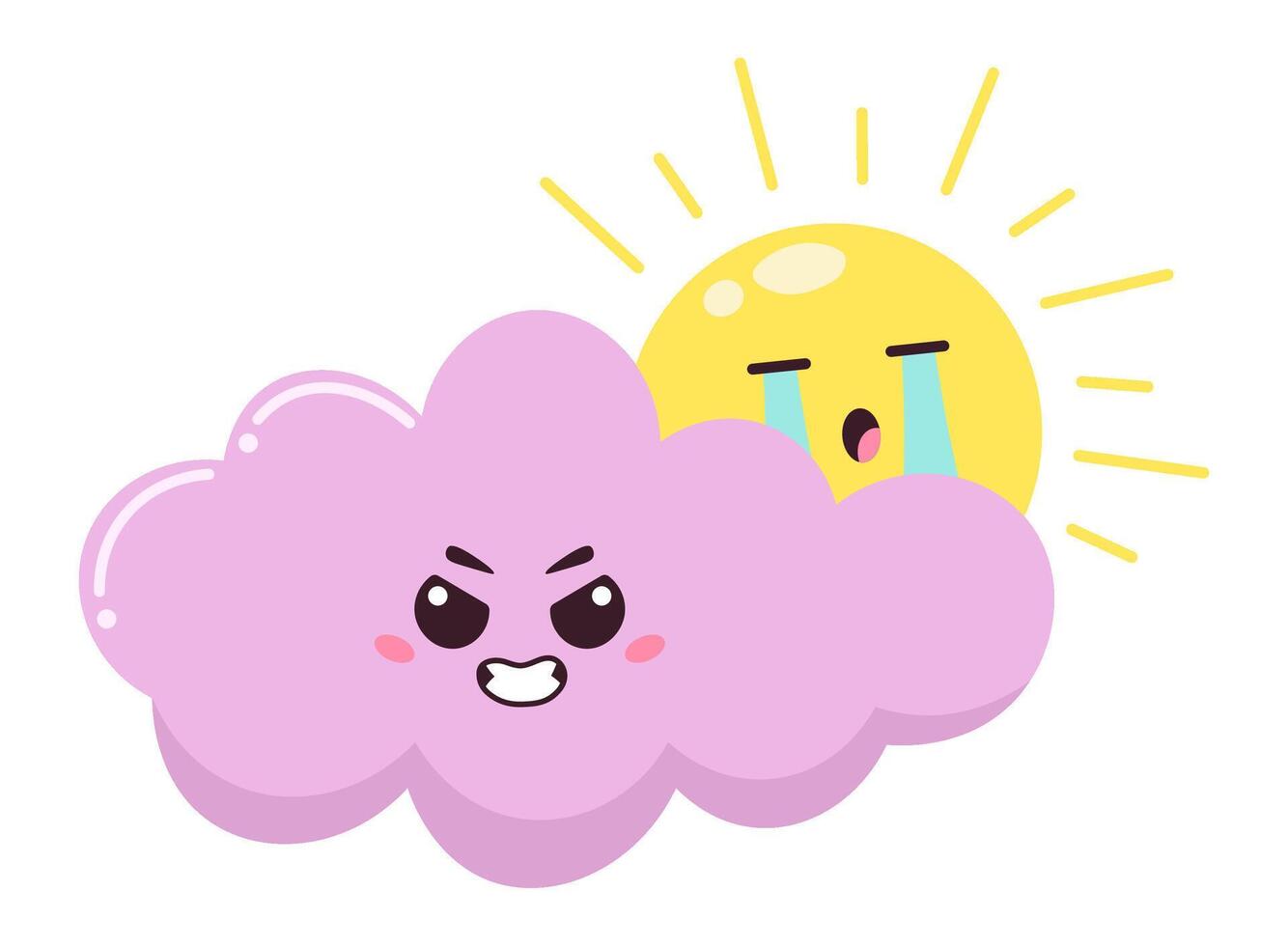 Funny illustration featuring a pink cartoon cloud playfully hiding a crying sun, creating a whimsical scene ideal for children's books, animations, or weather forecasts vector