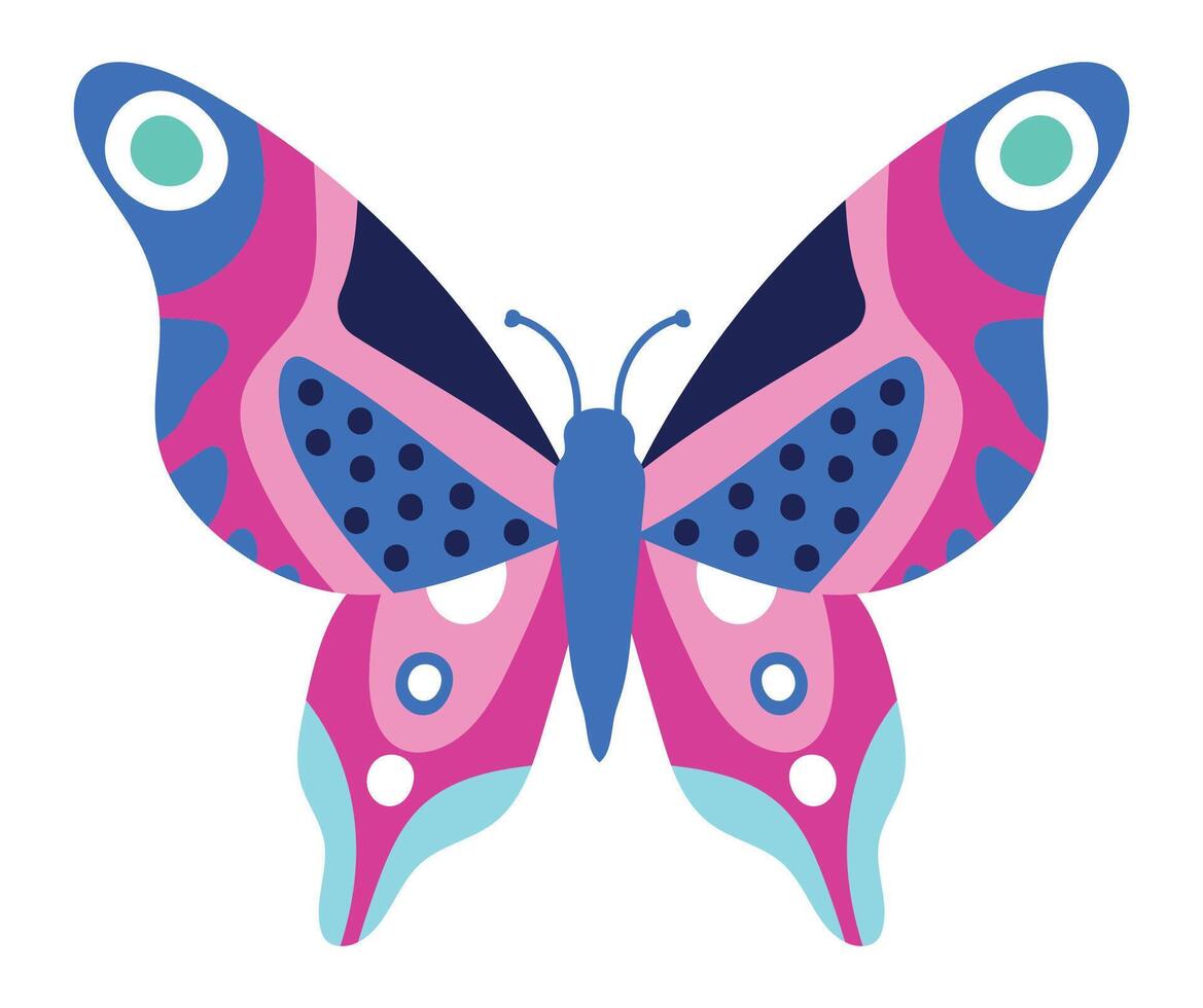 Butterfly showcasing vibrant, colorful wings adorned with pink, blue, and white circles and dots, forming a striking and decorative pattern that captures the beauty of nature vector