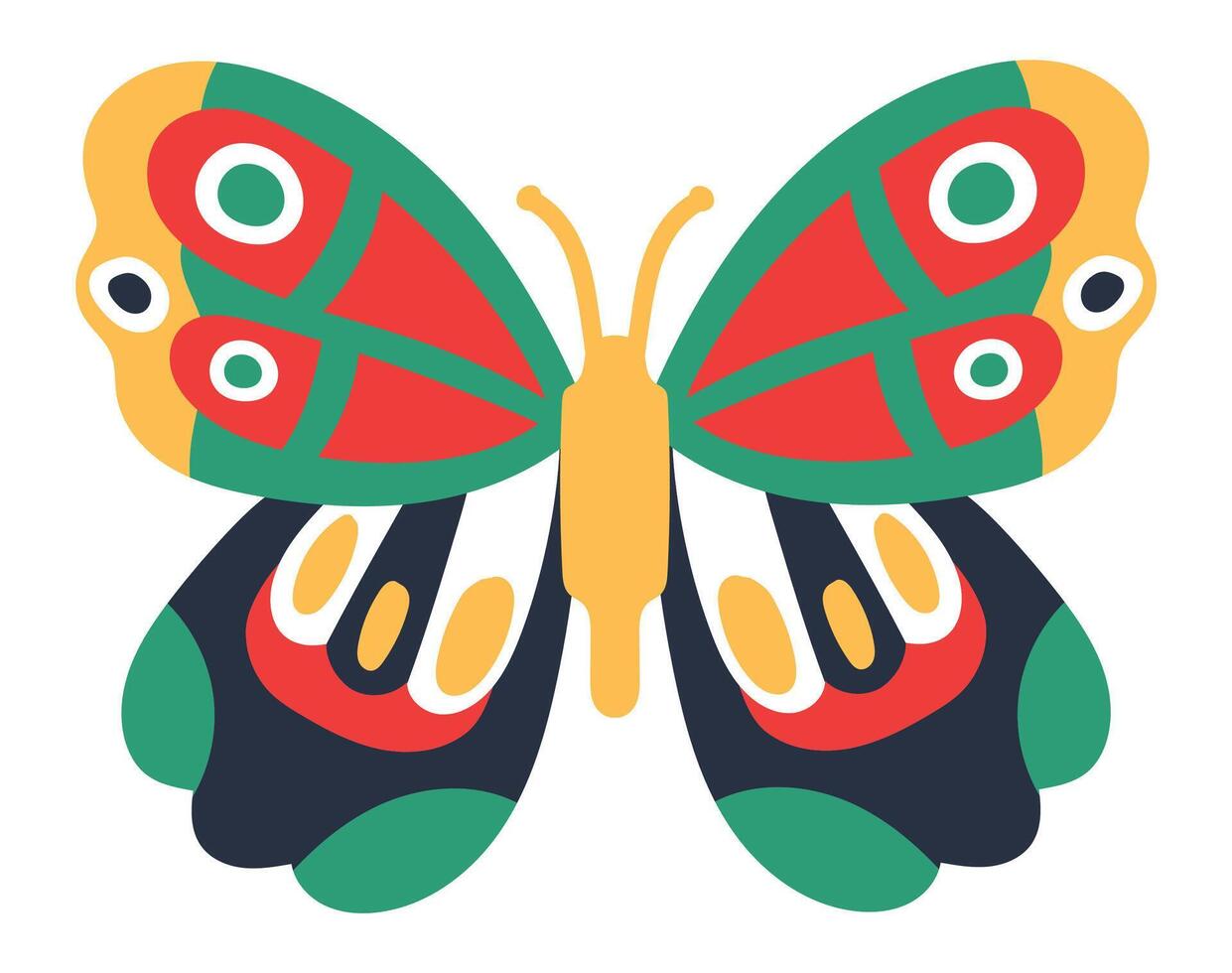 Colorful butterfly with open wings showing symmetrical patterns, featuring red, green, yellow, black, and white colors, creating a vibrant and decorative image vector