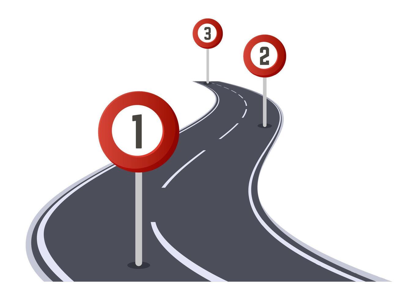 Winding road illustrating steps one to three, featuring road signs that guide the journey toward achieving goals. Each sign emphasizes the correct order for success and progress vector